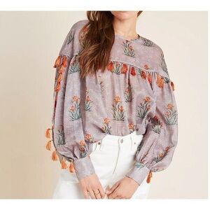 Anthropologie Purple Floral Blouse with Orange Tassels